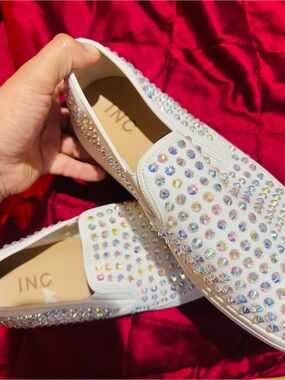 INC International Concepts White Crystal-Embellished Slip-On Mules Sz 9.1/2